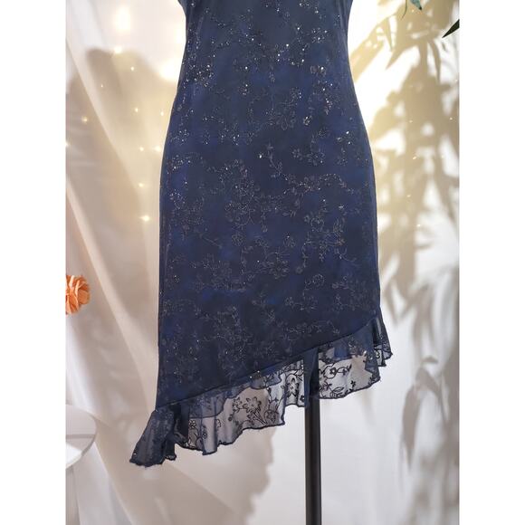 Vtg City Triangles 90s Floral Sparkle Asymmetrical Ruffle Dress Size M w/Scarf - Picture 8 of 16